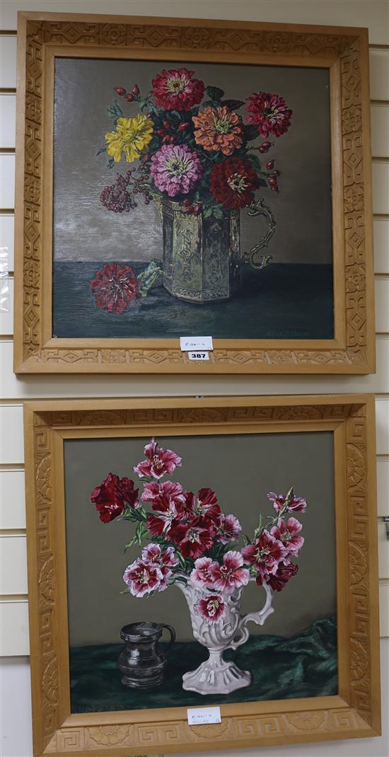 Alfred Palmer, two oil on panel still lifes in frames hand carved by the artist, overall 54 x 54cm